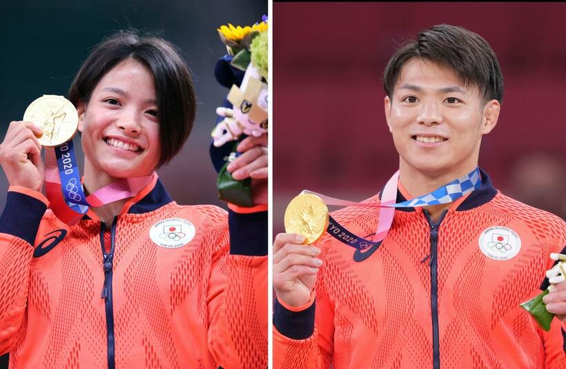 阿部詩選手（左）と一二三選手（ｃ）朝日新聞社