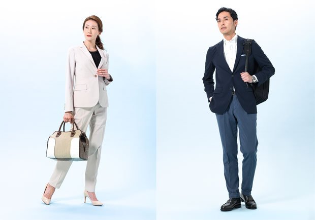 【男性編】ジャケット￥５３，０００、シャツ￥２３，０００／ともにポール・スチュアート、ベルト￥１８，０００／マッキントッシュ　ロンドン（すべてＳＡＮＹＯ　ＳＨＯＫＡＩ）パンツ￥３４，０００／ジーティーアー（八木通商）ネクタイ￥１３，０００、チーフ￥４，０００／ともにフェアファクス（フェアファクスコレクティブ）シューズ￥７０，０００／パラブーツ（パラブーツ青山店）時計￥５２０，０００／タグ・ホイヤー（ＬＶＭＨ　ウォッチ・ジュエリー　ジャパン　タグ・ホイヤー）バッグ￥５６，０００／ゼロハリバートン（ゼロハリバートン　カスタマーサービス）／【女性編】ジャケット￥４９，０００、パンツ￥２９，０００、ブラウス￥２１，０００／すべてマッキントッシュ　ロンドン（ＳＡＮＹＯ　ＳＨＯＫＡＩ）シューズ￥２７，５９３／銀座かねまつ（銀座かねまつ銀座６丁目本店）時計￥２６５，０００／タグ・ホイヤー（ＬＶＭＨ　ウォッチ・ジュエリー　ジャパン　タグ・ホイヤー）バッグ￥２３６，０００／トッズ（トッズ・ジャパン）［撮影：写真部・小山幸佑、ｈａｉｒ　＆　ｍａｋｅ　ｕｐ：須賀元子、ｓｔｙｌｉｎｇ：川田真梨子］
