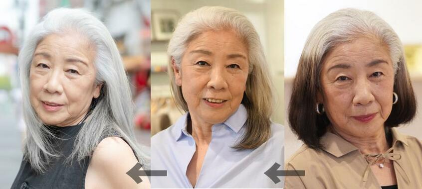 約1年かけてグレイヘアにした女性。はじめは白髪染めと白髪部分の境目が目立っていたが、明るいトーンのカラーリングで目立たなくし、最終的には美しいロングヘアに (写真:「えがお美容室」提供)