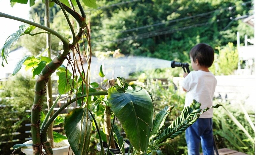 自宅の庭で植物に水やりをする息子さん（前田さん提供）