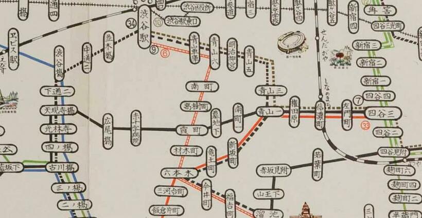 昭和４０年３月の路線図。霞町界隈（資料提供／東京都交通局）