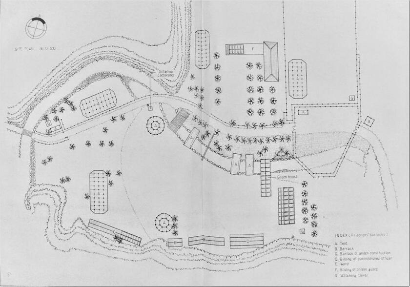 美術監督・戸田重昌による「戦メリ」セットデザイン図面。収容所は「温室」をイメージしていた（ｃ）大島渚プロダクション