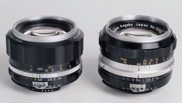 Ai改造したNikkor-S Auto 50mm F1.4（写真右、1962年発売）と並べた。金属製のフードとフードキャップも用意された（税別5000円）。フィルター径も52mmで、往時のニコンのものが応用できそうだ。先端のシルバー部分が黒いモデルもある