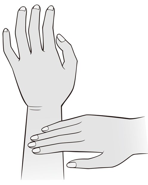 ツボ押しで快便親指を除く４本指を押し当てて、広い範囲を押し回す。