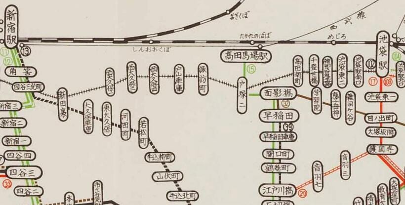 昭和３９年４月の路線図。高田馬場駅界隈（資料提供／東京都交通局）