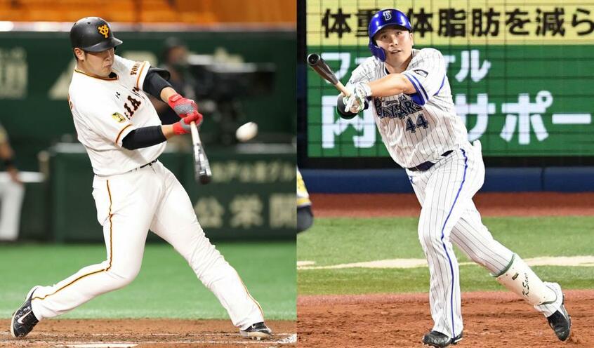 本塁打と打点でリーグトップを走る巨人の岡本(左)と、打率トップのDeNA佐野。若き4番打者たちの活躍が球界を盛り上げた (c)朝日新聞社