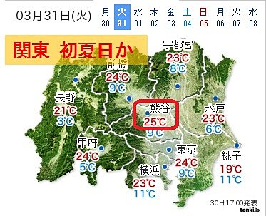 熊谷で今年初めて夏日の予想（３１日）
