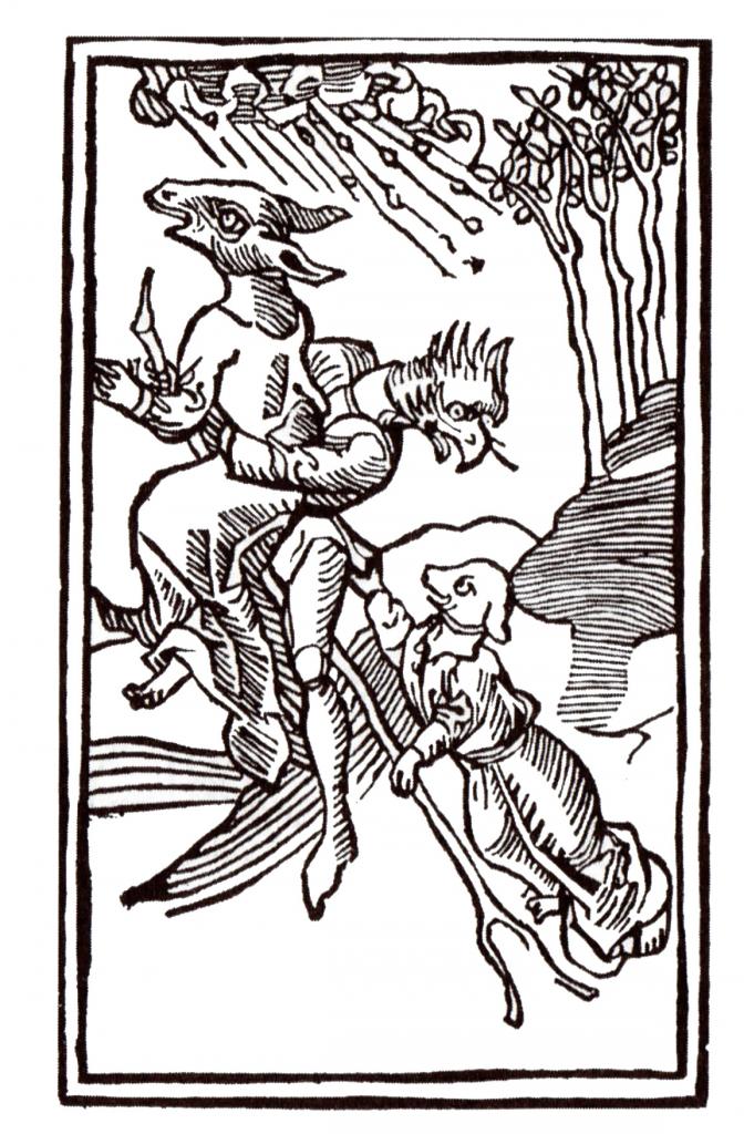 サバトに空中飛行して赴く動物に変身した魔女たち。ウルリヒ・モリトール著『魔女と女予言者について』1493年頃より