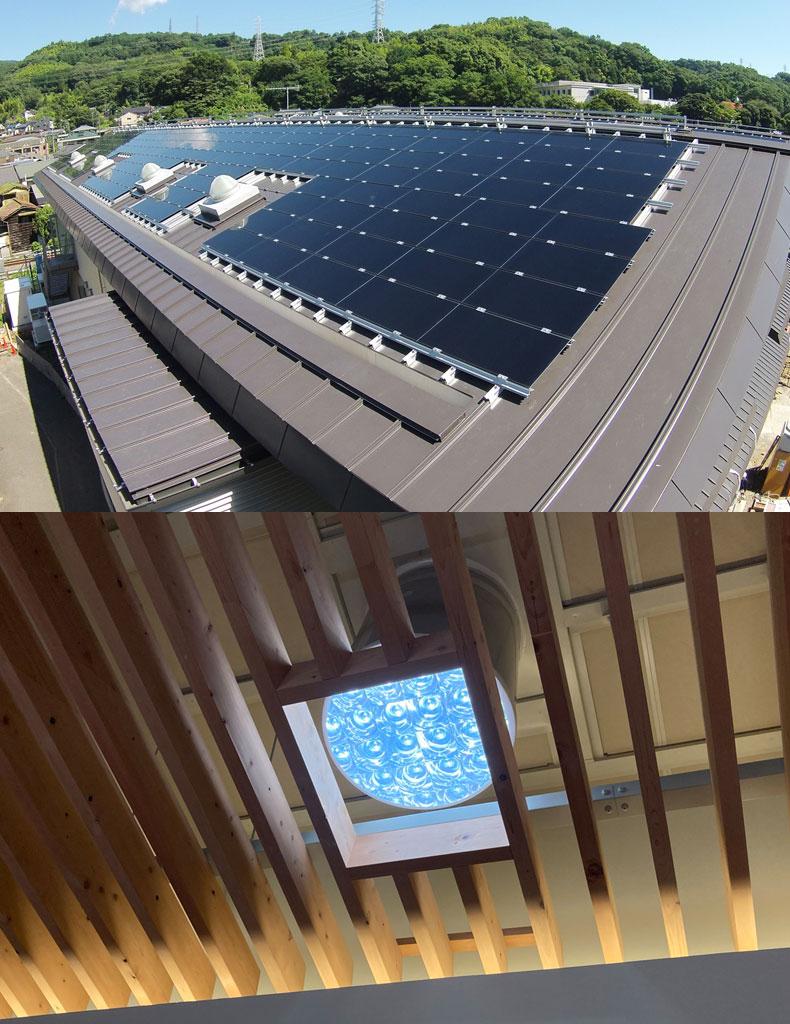 鈴廣かまぼこの新社屋の屋根に取り付けられた太陽光発電パネル（上）と、執務スペース天井の光ダクト（ともに同社提供）