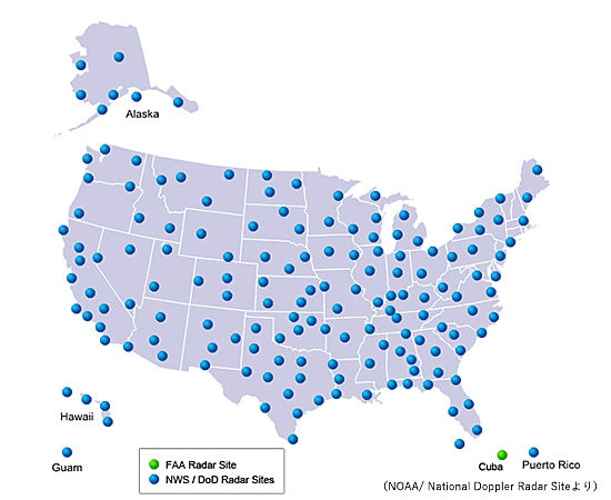 NWSが運用する気象レーダ網の配置
