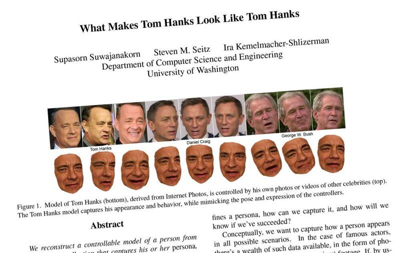 米ワシントン大のスティーブン・セイツ教授らのグループによる論文。トム・ハンクスさんの膨大な数の画像から自由な表情の作成に成功した