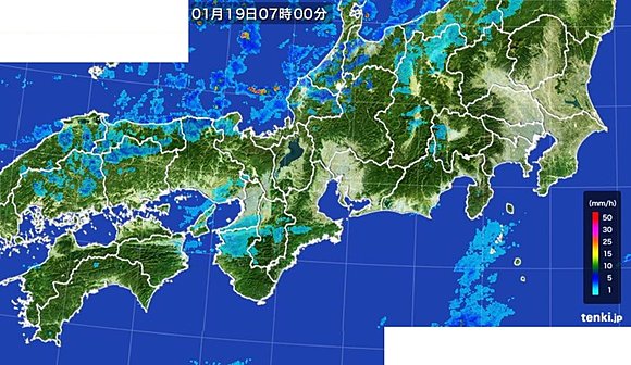 東海から中国・四国の雨雲や雪雲の様子（午前７時）