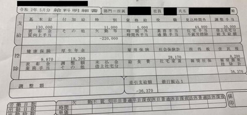 薗部さんの５月分の給与明細。差引支給額がマイナス３万６３７０円になっている