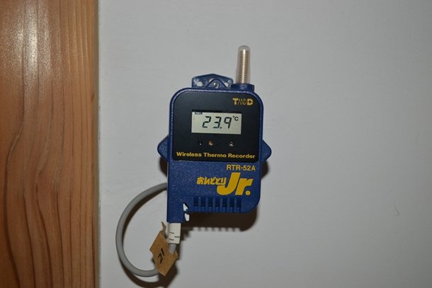 壁に設置された表面温度測定器。天井・床にも設置されている。