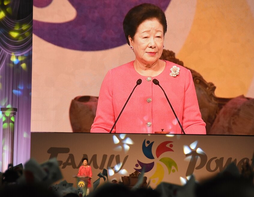 愛知県でのイベントであいさつする旧統一教会の韓鶴子総裁=2019年10月6日