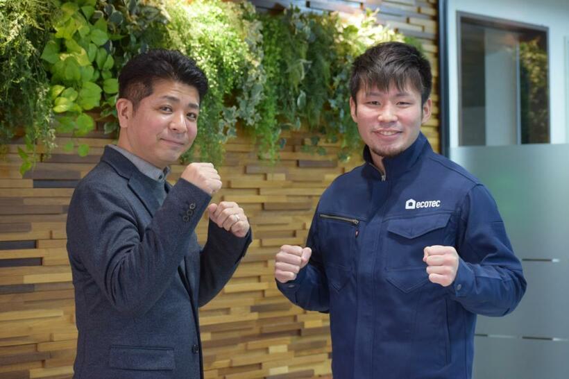瀬川さん（右）とエコプロコート社長の伊藤さん。同社はプロアイスホッケー選手をデュアルキャリア採用した前例もある（ｐｈｏｔｏ　小野ヒデコ）