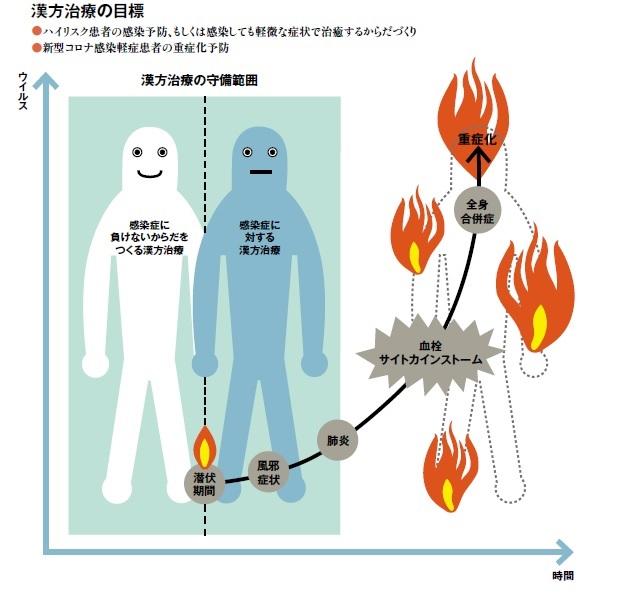 漢方の守備範囲は、コロナに感染しないようにすることと、感染しても悪化して大火事状態にならないよう、ぼやのうちに消し止めること。渡辺賢治医師の資料をもとに編集部で作成（イラスト／寺田久美）