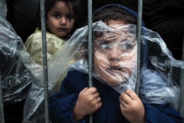 人々の部　単写真1位マティック・ゾーマン（スロベニア共和国）セルビア共和国セルビア・プレシェボの難民キャンプで難民申請の登録を待つ雨合羽をかぶった少女