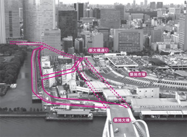 築地市場跡地を通る環状２号線の建設予定地と、暫定道路のイメージ。移転後、更地になるので広い暫定道路を造れそうに見えるが（写真：東京都建設局道路建設部提供）