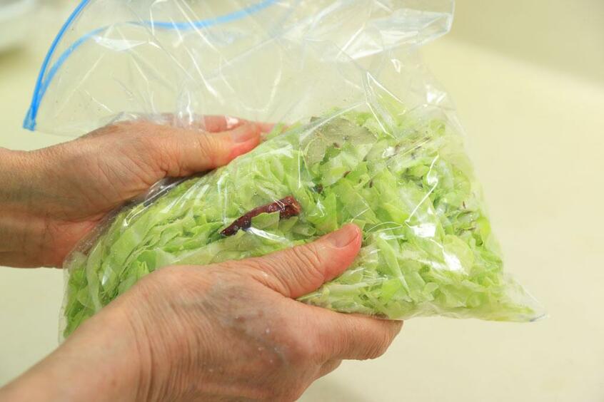 フリーザーバッグに材料を入れたらよく混ぜ合わせ、しんなりするまで揉む。(撮影/写真映像部・松永卓也)
