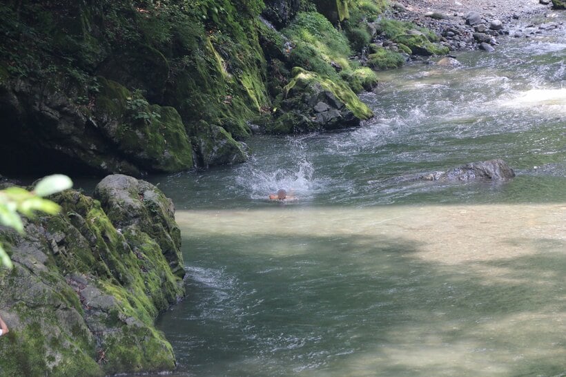遊泳禁止の場所で泳ぐ人。東京都奥多摩町の多摩川と日原川の合流地点付近で＝米倉昭仁撮影
