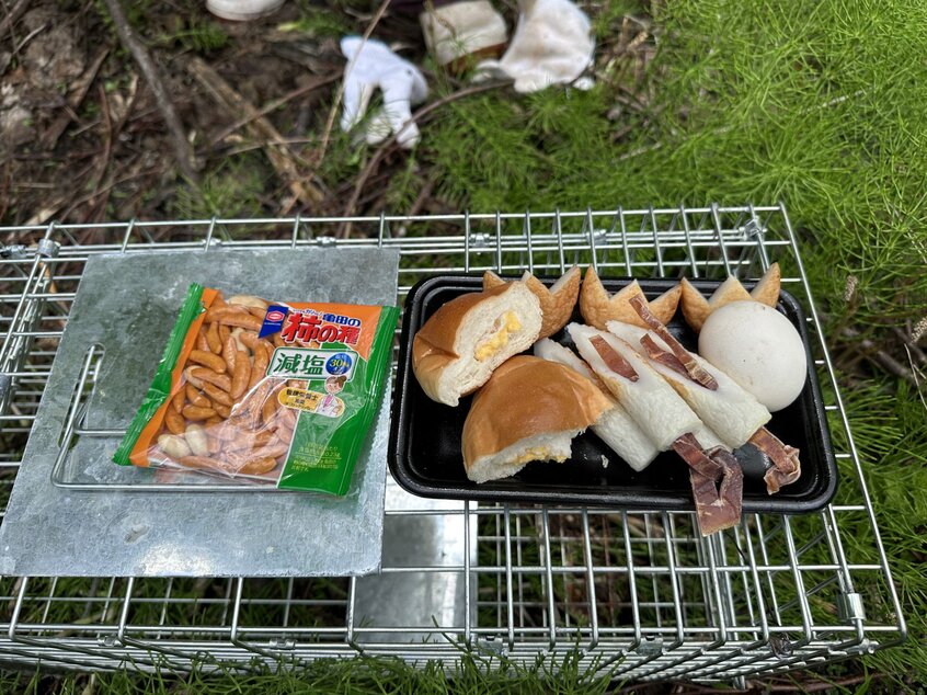 つちのこ捕獲に向けて仕込んだ“エサ”。たまごロールにちくわ、さつま揚げ……。柿の種は、減塩仕様