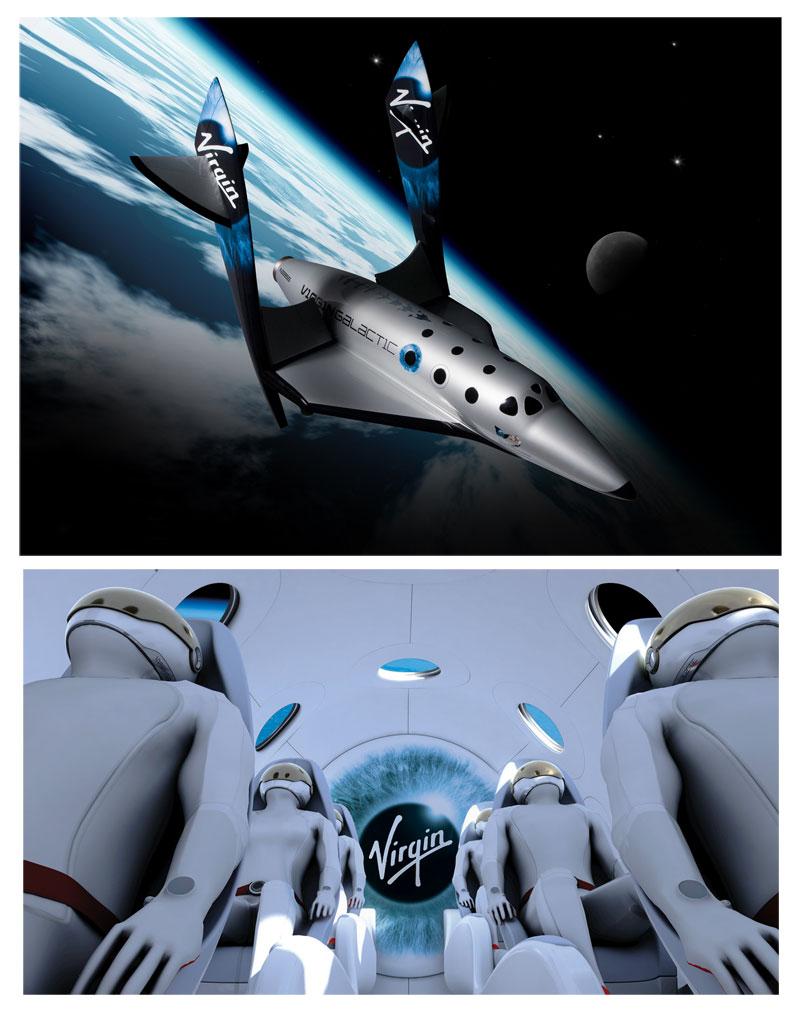 【ヴァージン・ギャラクティック】母機から切り離し宇宙空間を飛ぶ様子（上）と機内や搭乗者（下）のイメージ