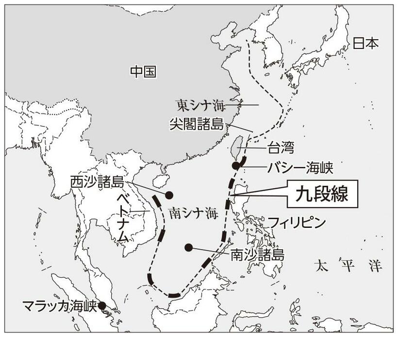 中国が引いた「九段線」。九段線の内側を自国の内海と主張して、南シナ海のシーレーンを確保しようとしている