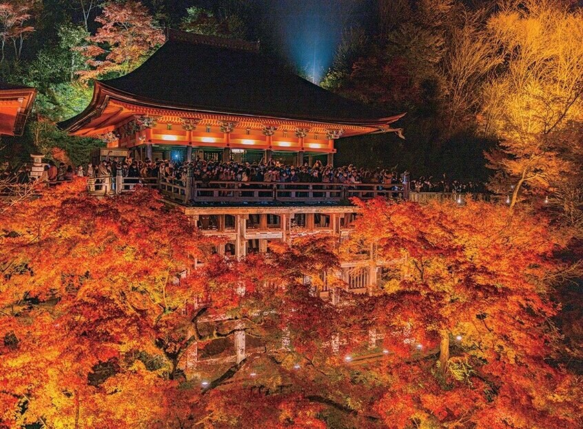 清水寺/夕日が、清水の舞台の周りの紅葉をより赤く染めながら西の空へと沈んでいくさまは、見た人の心に残る絶景 photo 稲田大樹