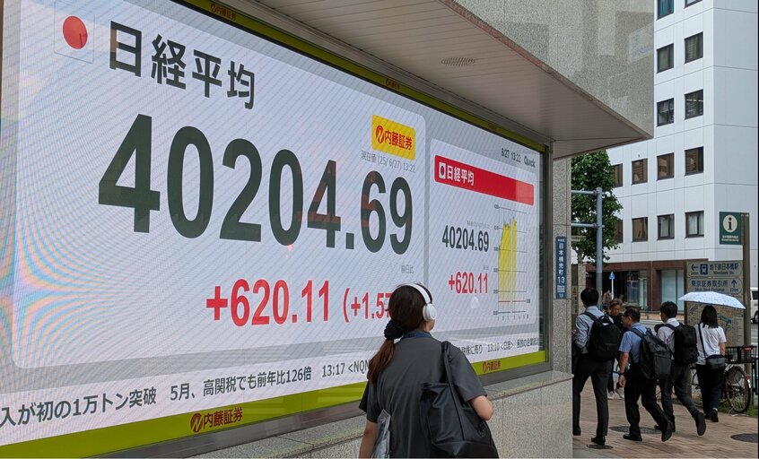 日経平均株価は5カ月ぶりに4万円台をつけた=東京・兜町(撮影・木村聡史)
