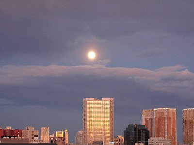 空に淡く浮かぶ月と夕日でUFOのように光っていたというビル。こうした日常的な写真はブログに掲載され好評だ