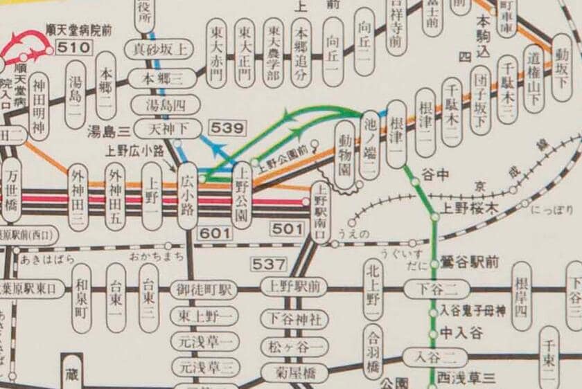 昭和４４年３月の路線図。上野界隈（資料提供／東京都交通局）