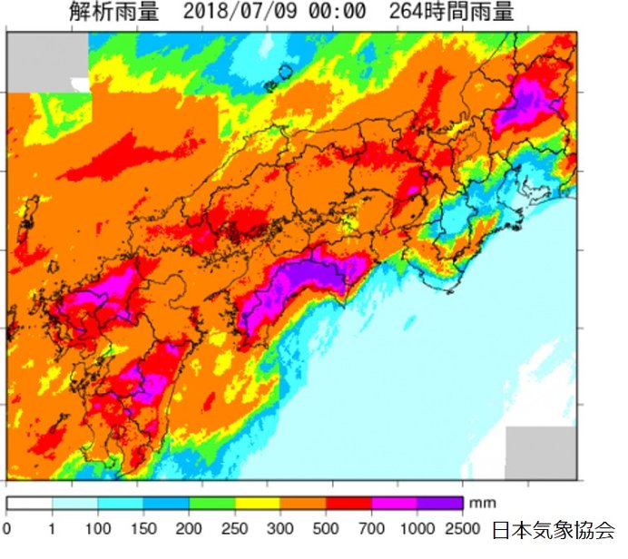 6月28日から7月8日までの累積雨量分布図（国土交通省解析雨量）