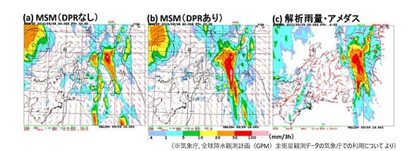 2016年9月9日18時事例：のDPRを利用しない場合の予測結果（左）、利用した場合の予測結果（中）、実際の降水量（右）
