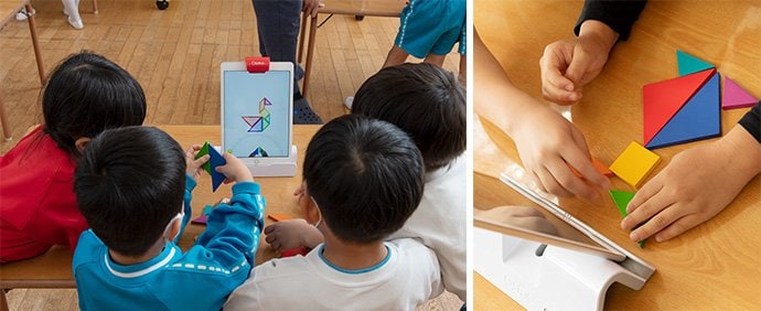 「タングラム」のゲームピースを画面の図形と同じように置く。できたら、完成を知らせる音が鳴る