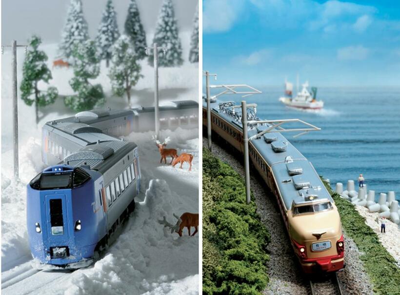 （写真左）雪景色を行く北海道のディーゼル特急「スーパーとかち」。車両のわきの雪の塊の質感に注目してほしい。雪は全て片栗粉である（写真右）有明海をバックに博多を目指す特急「有明」。エンボス状の表面を持つ透明ビニールシートに、空の青色を反射させて海を表現している（写真／金盛正樹）