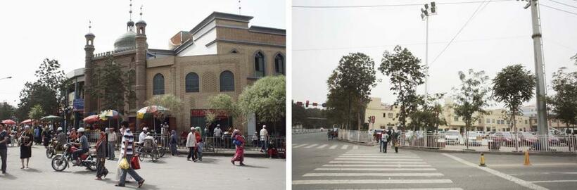 ホータンのバザール前の荘厳なモスクは跡形もなく消え、駐車場になっていた（左は10年、右は18年、撮影：川嶋久人）