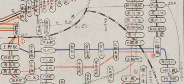 昭和３８年２月の路線図。三ノ輪橋界隈（資料提供／東京都交通局）