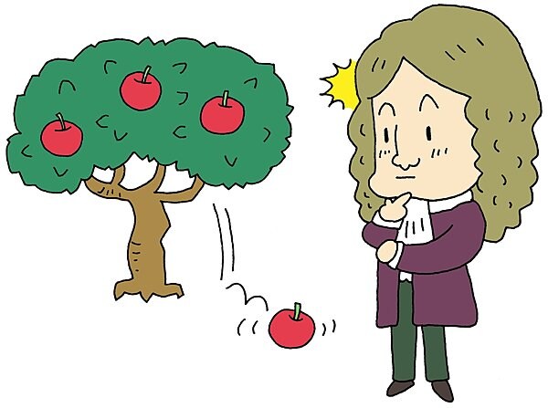 ニュートンはリンゴが落ちたのを見て、「万有引力の法則」を思いついたといわれる。