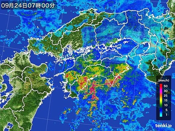 四国地方の雨雲レーダー（クリックすると最新の様子が見られます）