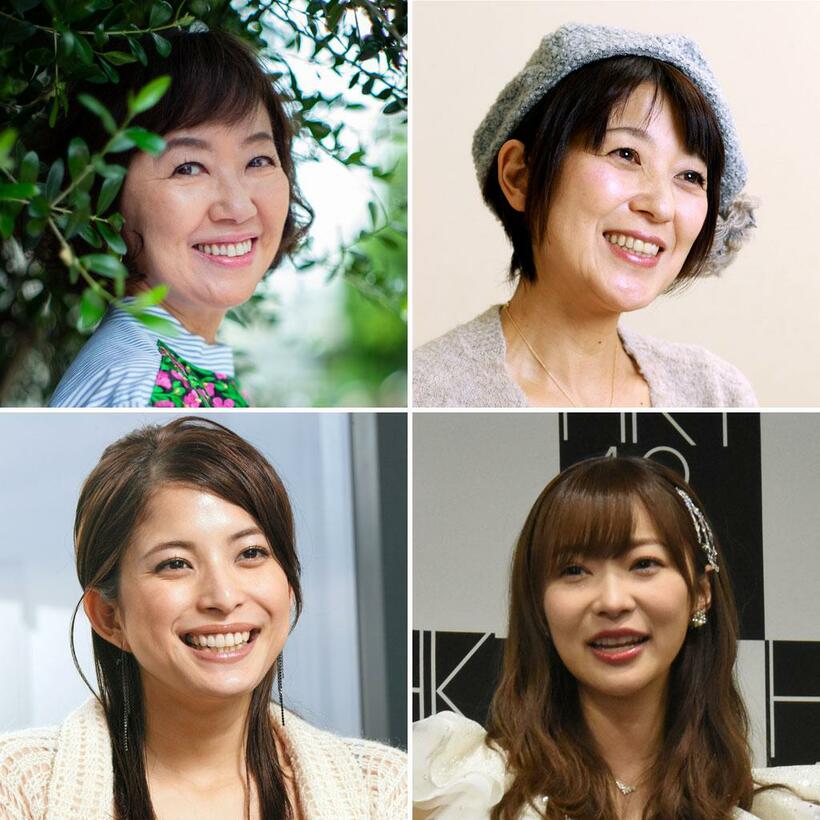 共通点は…。浅田美代子（左上）、新田恵利(右上)、指原莉乃(右下)、上原多香子　（C）朝日新聞社