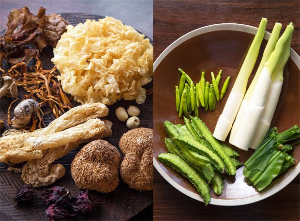 (左)「ぶっとびスープ」に使うキノコは、山伏茸、きぬがさ茸、きくらげ、干椎茸、干しエリンギなど。珍しいものは、台湾で吟味して入手。(右)まこも、オオタニワタリ、四角豆など、沖縄産の野菜も仕入れて使う(撮影/楠本涼)