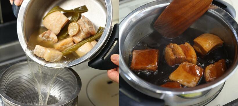 【ワンポイントアドバイス】角煮には豚肉だけを使うが、残った煮汁はラーメンなどのスープに活用したい。（左）　いったん取り出した豚肉を鍋に戻し、片栗粉でとろみをつけたタレを絡める。　（撮影／写真部・松永卓也）