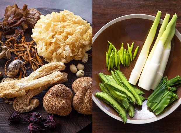 （左）「ぶっとびスープ」に使うキノコは、山伏茸、きぬがさ茸、きくらげ、干椎茸、干しエリンギなど。珍しいものは、台湾で吟味して入手。（右）まこも、オオタニワタリ、四角豆など、沖縄産の野菜も仕入れて使う（撮影／楠本涼）
