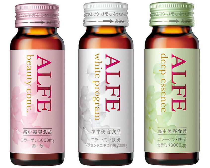 (写真左から)「アルフェ ビューティコンク」ベース3成分(コラーゲンと鉄分とレモンバーム)を配合。さらにベニバナをはじめ5種類の美容成分を凝縮した。「同 ホワイトプログラム」ベース3成分にプラセンタを贅沢にプラス。「同 ディープエッセンス」ベース3成分にセラミドを3000μg配合。3商品ともにカフェイン、脂質ゼロ。毎日の摂取を可能にした。各50ml、希望小売価格292円(税込み)。問い合わせ:大正製薬株式会社お客様119番室(受付時間8:30~17:00 土日祝日除く)