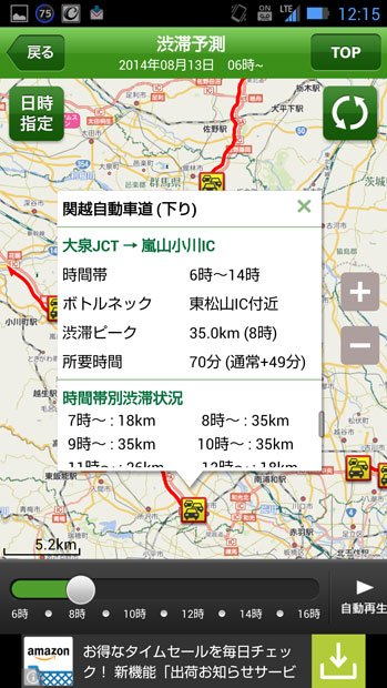 「ドラぷらアプリ」で見た2014年8月13日午前6時以降の関越自動車道の渋滞予測（画像：東日本高速道路株式会社提供）