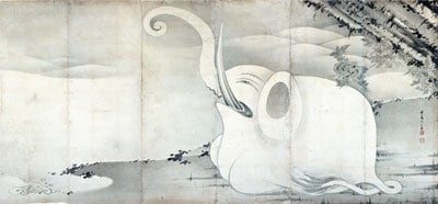 象と鯨図屏風　伊藤若冲筆　六曲一双のうち右隻　寛政9年（1797）　MIHO MUSEUM蔵　［全期間展示］六面一双の屏風に、白い巨象と黒い巨鯨が向き合う迫力ある作品。本作は右隻の「白い巨象」※画像の無断転載禁止　＠＠写禁