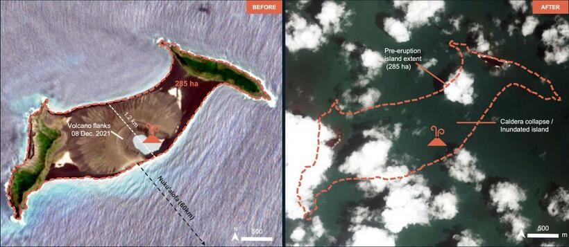 国連衛星センターが公開した衛生写真。285ヘクタールほどあった火山島の陸地のほとんどが海没してしまった