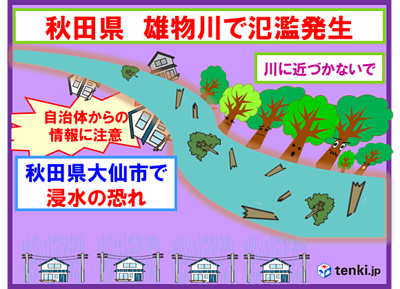 雄物川（秋田県）が氾濫　浸水の恐れ