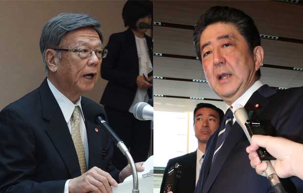 辺野古基地建設をめぐって激しく対立する翁長知事（左）と安倍首相　（ｃ）朝日新聞社